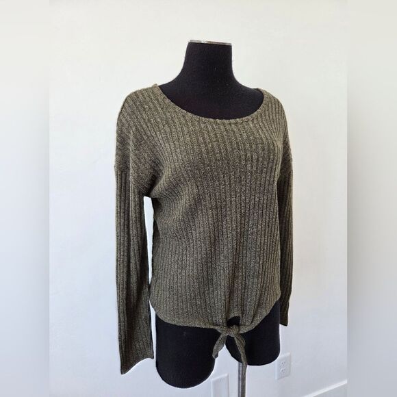 Green Ribknit Top Corset Tie Strappy Shirt Hippie Gypsy Casual Neutral Earthy - Picture 3 of 10